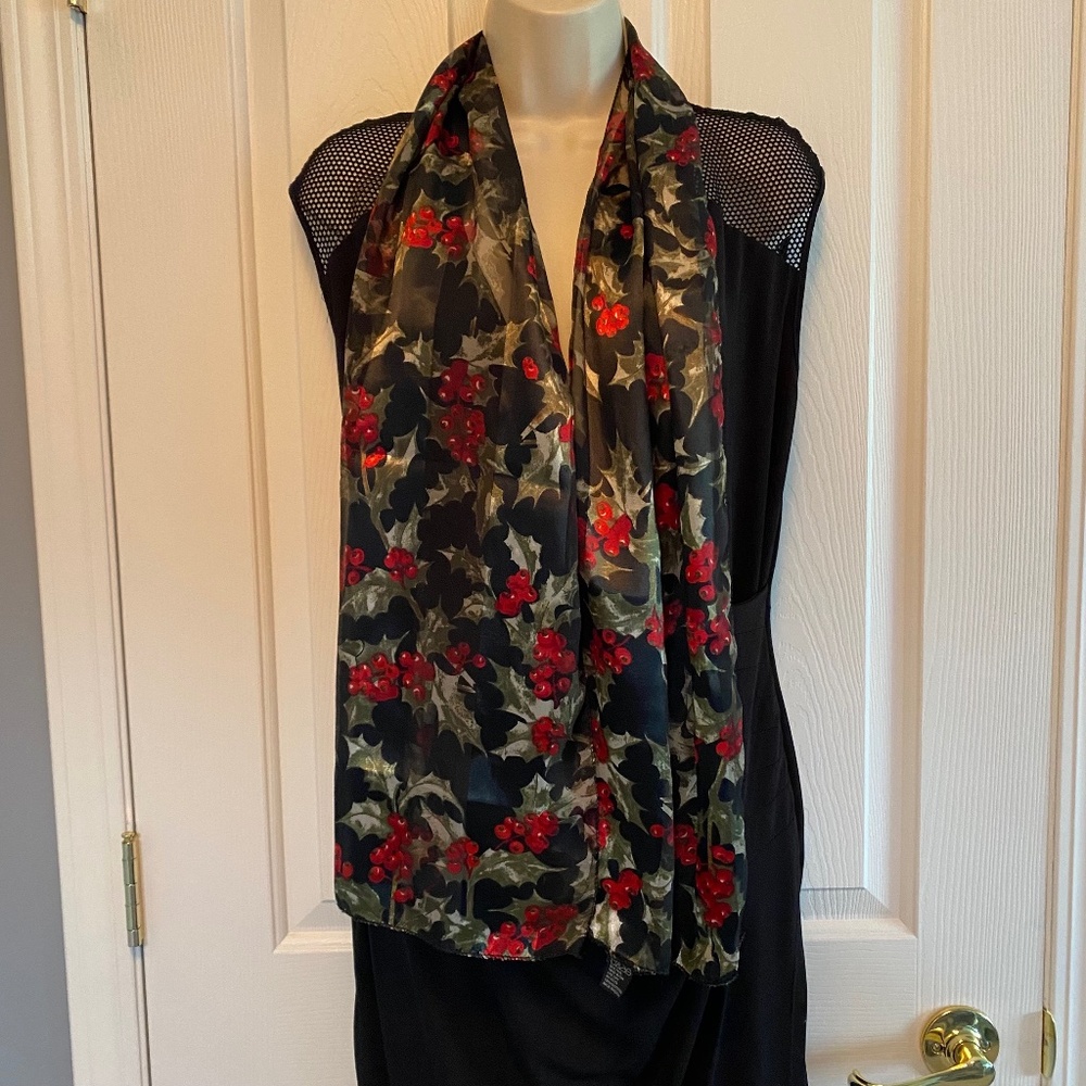 BUY 2 ITEMS GET 1 FREE - Beautiful Silky Neck Scarf - Black with Red Holly